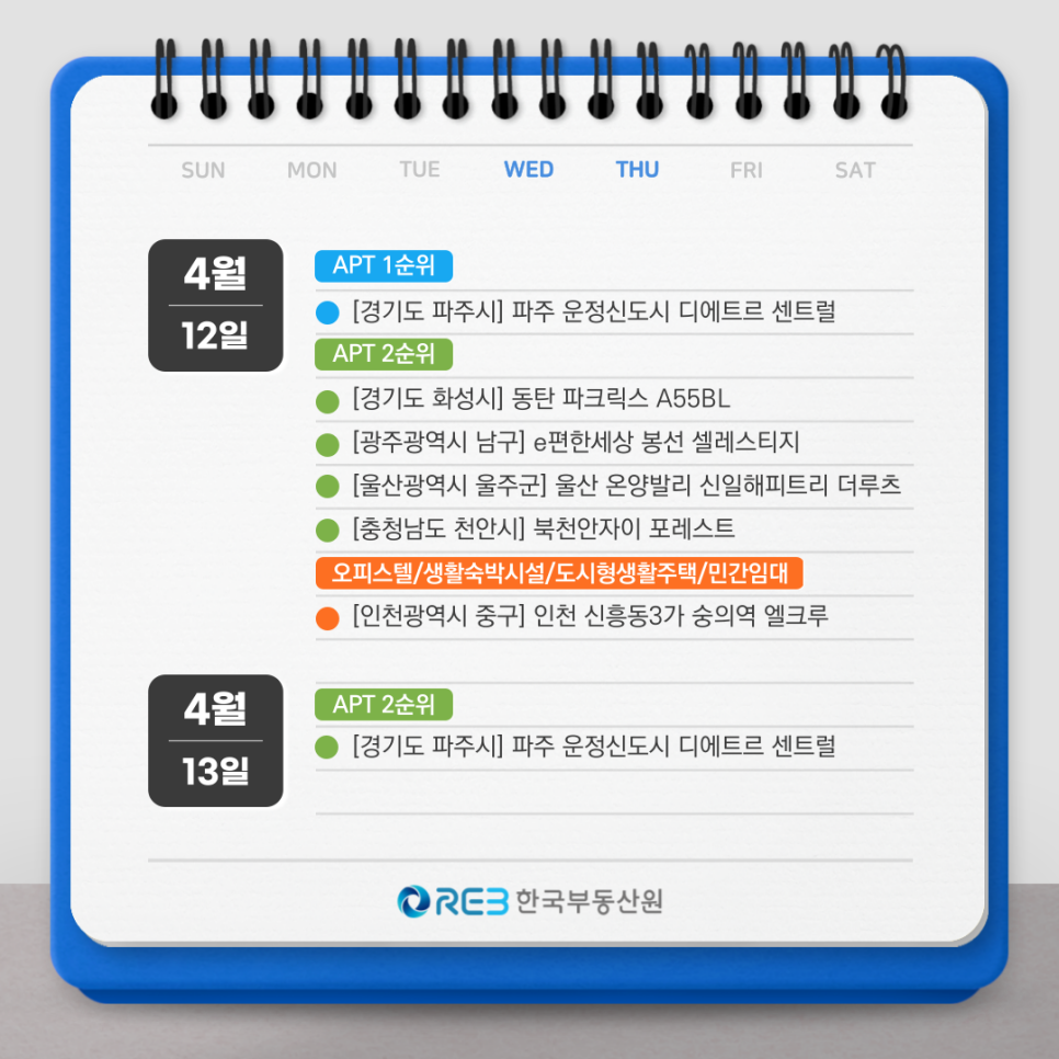 4월 12일, 13일 '청약' 정보를 제공하는 글. 아파트 1, 2순위 청약과 오피스텔, 생활숙박시설, 도시형 생활주택 등에 대한 청약의 정보가 나열되어 있음.