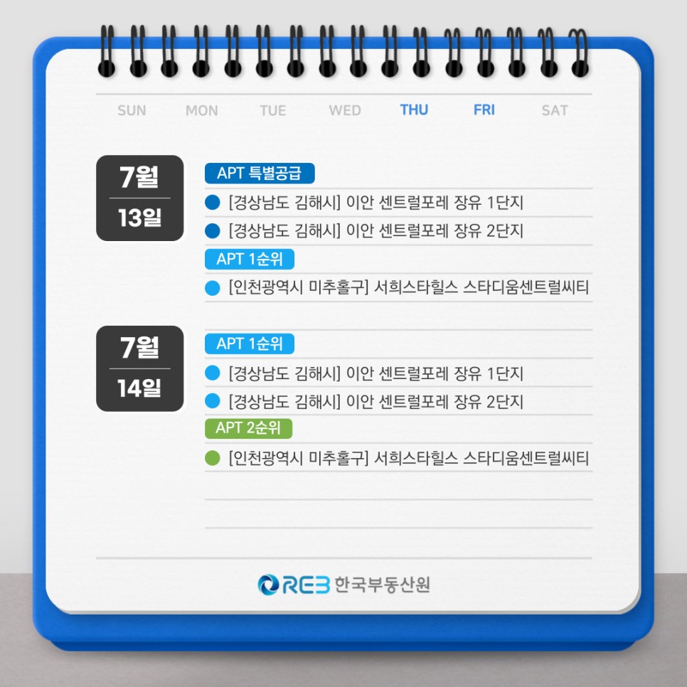 7월 13일, 14일, '아파트 특별공급', '아파트 1순위', '아파트 2순위'에 대한 정보.