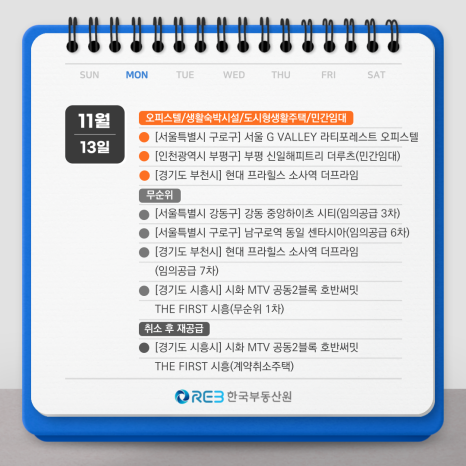 11월 13일 오피스텔, 민간임대 등의 청약 소식을 알려주는 컨텐츠이다. 