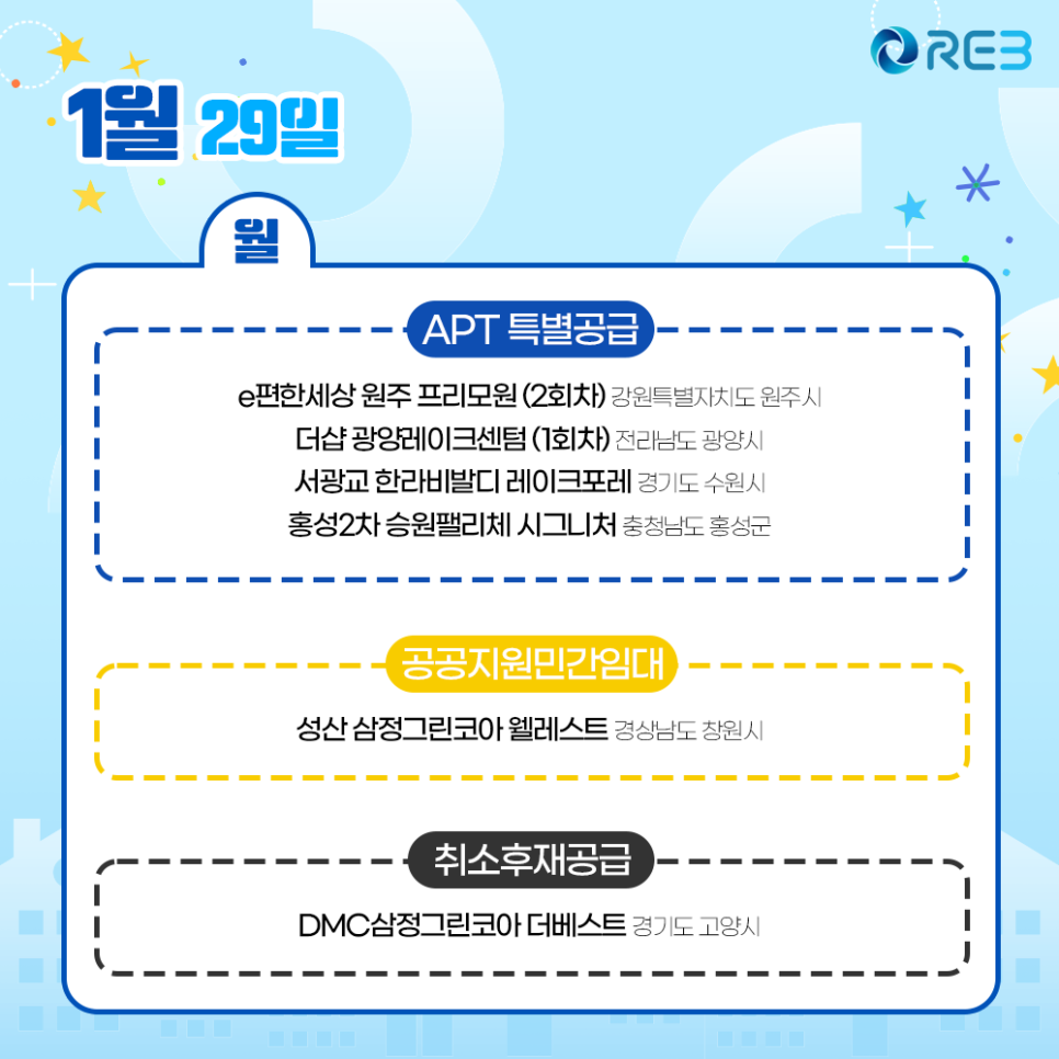 1월 29일 청약 일정으로 특별공급에 해당하는 아파트 목록을 확인할 수 있다.