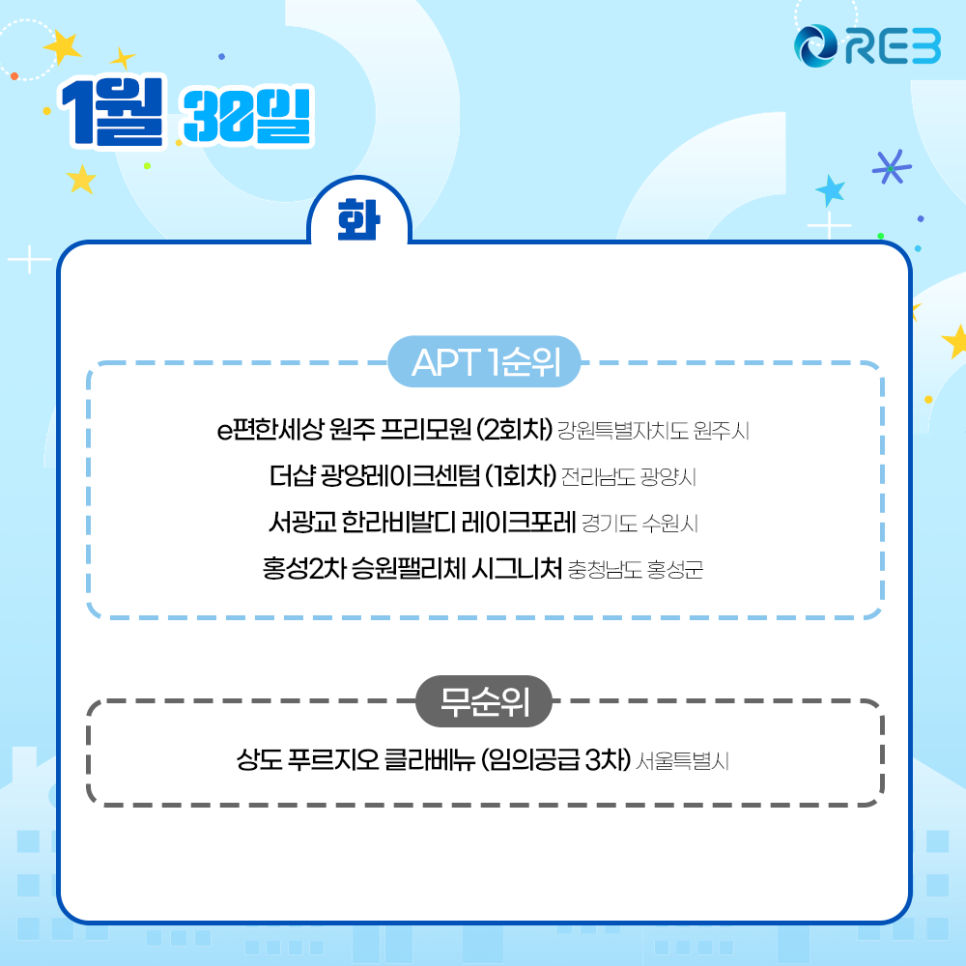 1월 30일 청약 일정으로 APT 1순위에 해당하는 아파트 목록을 확인할 수 있다.