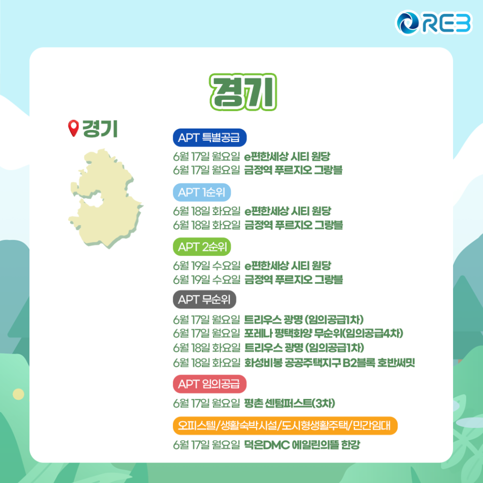 '6월 3주차' 6월 17일~6월 19일까지의 '경기 지역 청약' 내용이 정리되어 있다.