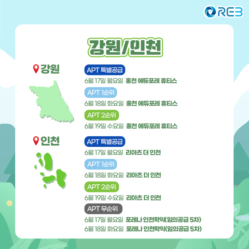 '6월 3주차' 6월 17일~6월 19일까지의 '강원, 인천 지역 청약' 내용이 정리되어 있다.