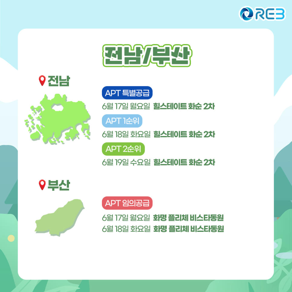 '6월 3주차' 6월 17일~6월 19일까지의 '전남, 부산 지역 청약' 내용이 정리되어 있다.