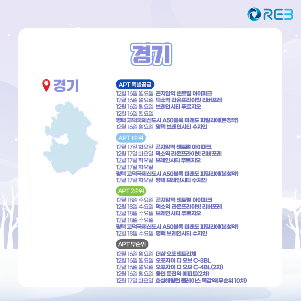 '12월 3주차' 12월 16일~18일까지의 '경기 지역 청약' 내용이 정리되어 있다.