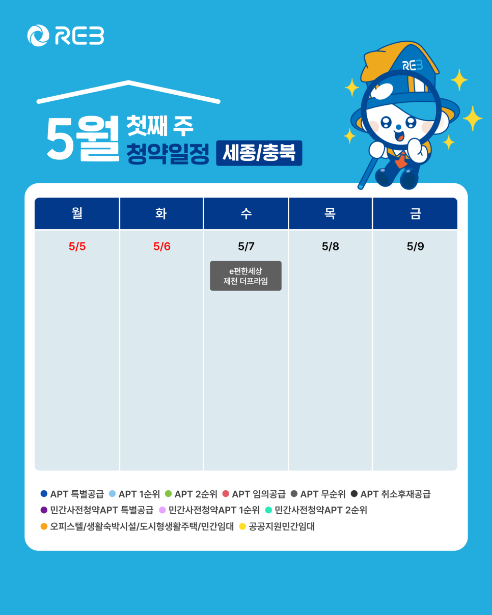 '5월 1주차' 5월 7일의 '세종, 충북 지역 청약' 내용이 정리되어 있다.
