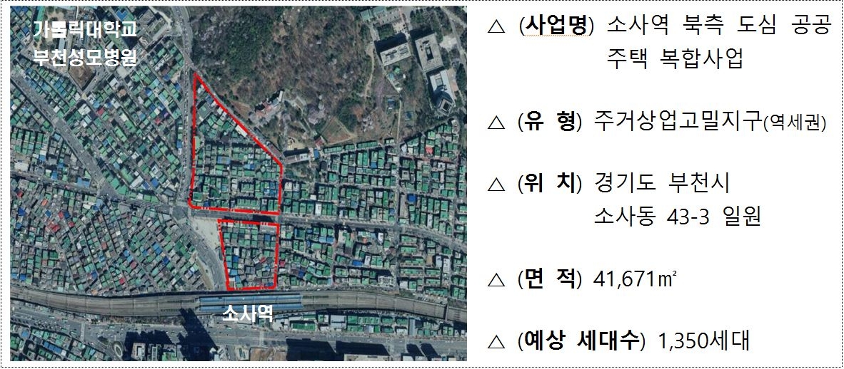 2023년 7월 10일 기준으로 '소사역 북측 도심 공공주택 복합사업'을 나타낸 이미지. '중동역 서측'의 위성지도가 보이며, '사업명', '유형', '위치', '면적', '예상 세대수'를 알 수 있다.