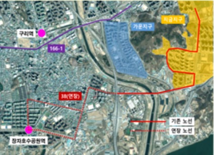 '구리역'과 '장자호수공원역'을 연결하는 '버스 노선' 7개를 지도위에 표시하였다.