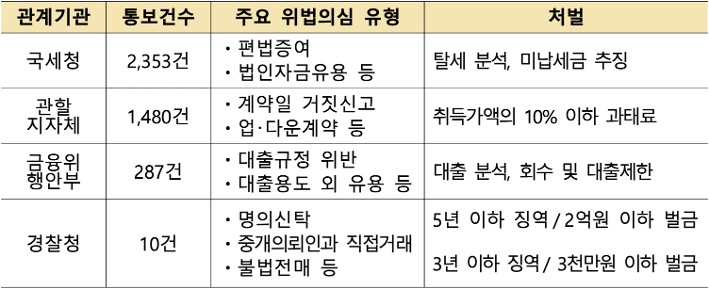 부동산 '실거래조사' 및 조치결과를 기관, 건수, 유형, 처벌로 구분지어 표로 정리하였다.