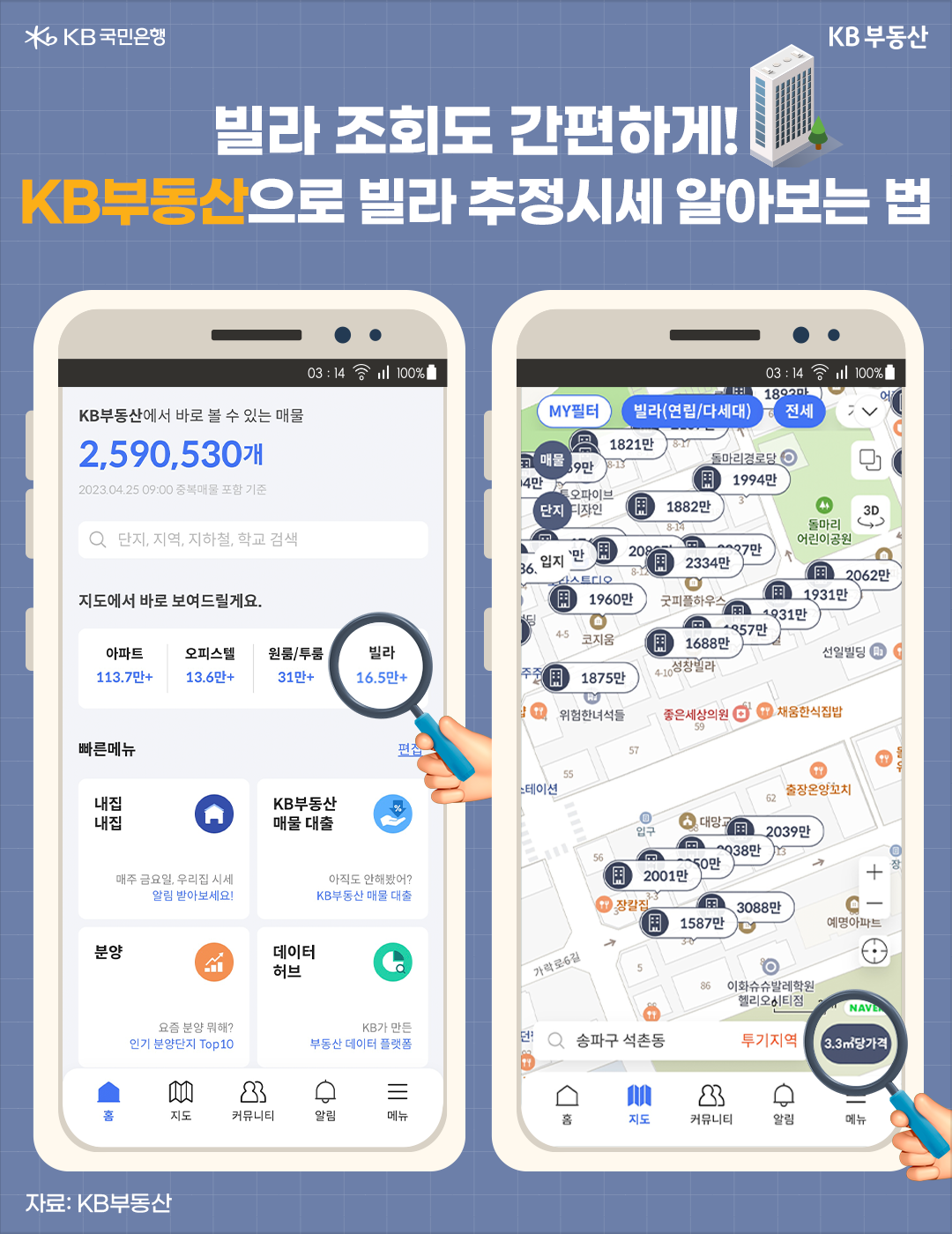 'KB부동산' 앱에서 지원하는 빌라 '추정시세' 검색 기능. 빌라 외에도 아파트나 오피스텔, 원룸 등의 평당 시세 등을 조회할 수 있음.