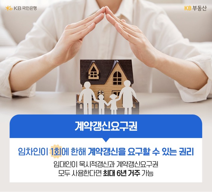 두 손을 모아 집 모양을 하고 있는 모습과 '계약갱신요구권'의 뜻을 보여주고 있다.