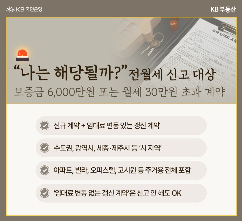'전월세 신고 대상'은 '보증금' 6,000만원 또는 월세 30만원 초과 계약 이거나 신규 계약 등 관련 예시 내용을 정리했다.