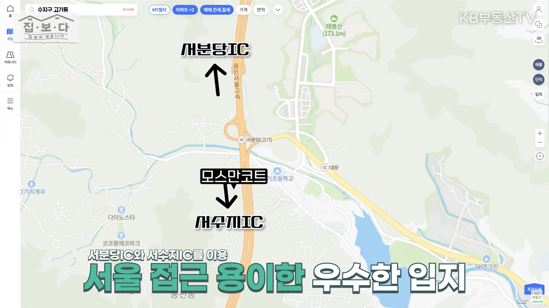 '고급 주택 단지 모스만코트'의 주변 교통여건을 보여주고 있음. 서분당IC와 서수지IC를 이용하면 서울 접근에 용이한 우수한 입지로 판단된다.