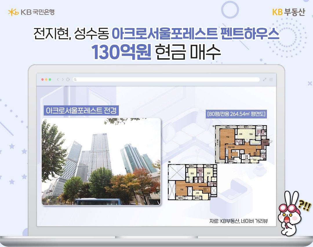 배우 전지현이 최근 선택한 아파트는 서울 성동구 성수동1가에 위치한 ‘아크로서울포레스트’입니다. 지난해 9월 이 단지의 47층 전용 264.54㎡(80평) 펜트하우스를 130억원에 매수한 것으로 알려졌는데요. 