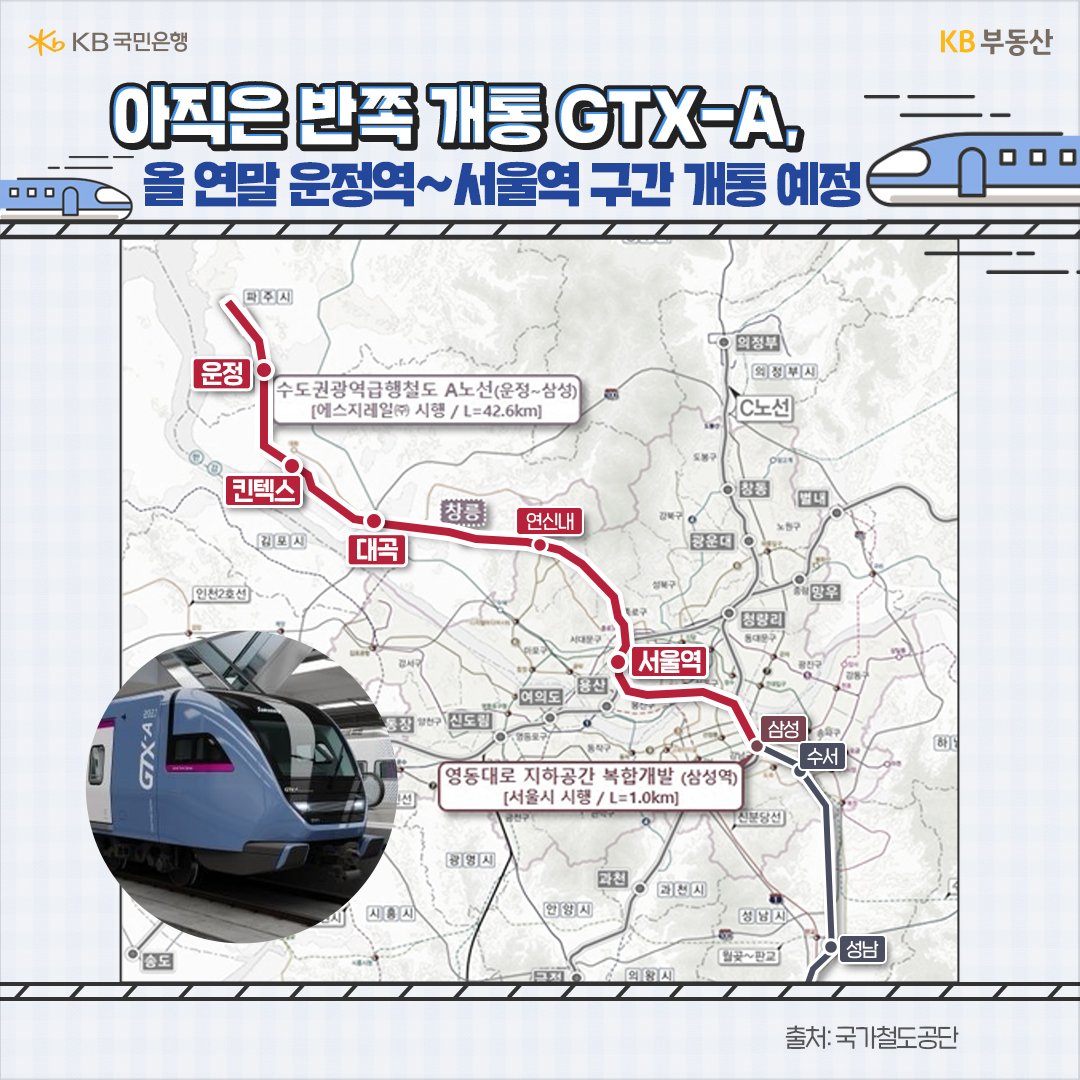 'GTX-A노선' 중 '파주 운정역'에서 서울역까지의 노선을 지도 위에 표기하였다.