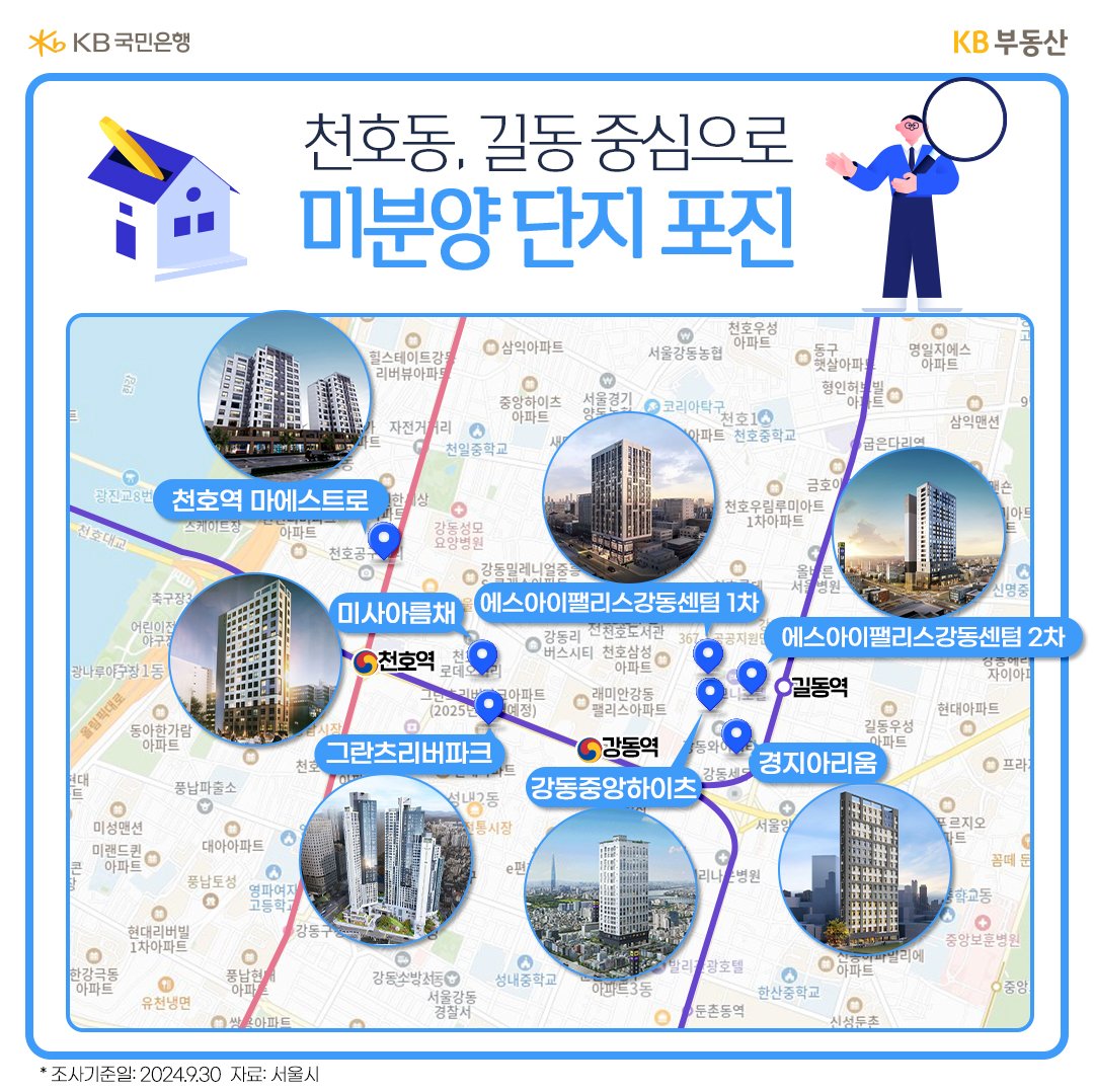 '천호동'과 '길동'을 중심으로 '미분양' 단지를 지도위에 사진과 함께 표기했다.