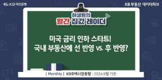 '미국 금리 인하' 스타트! 국내 부동산에 선 반영 vs. 후 반영? 이라는 제목이 가운데 자리잡고 있다.