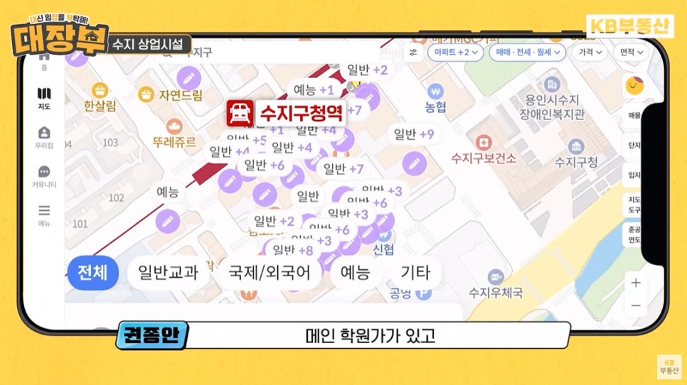 '수지구청역' 주변 '학원가'가 형성되어 있어 대체 학군으로 불린다는 내용을 지도를 통해 설명하고 있다.
