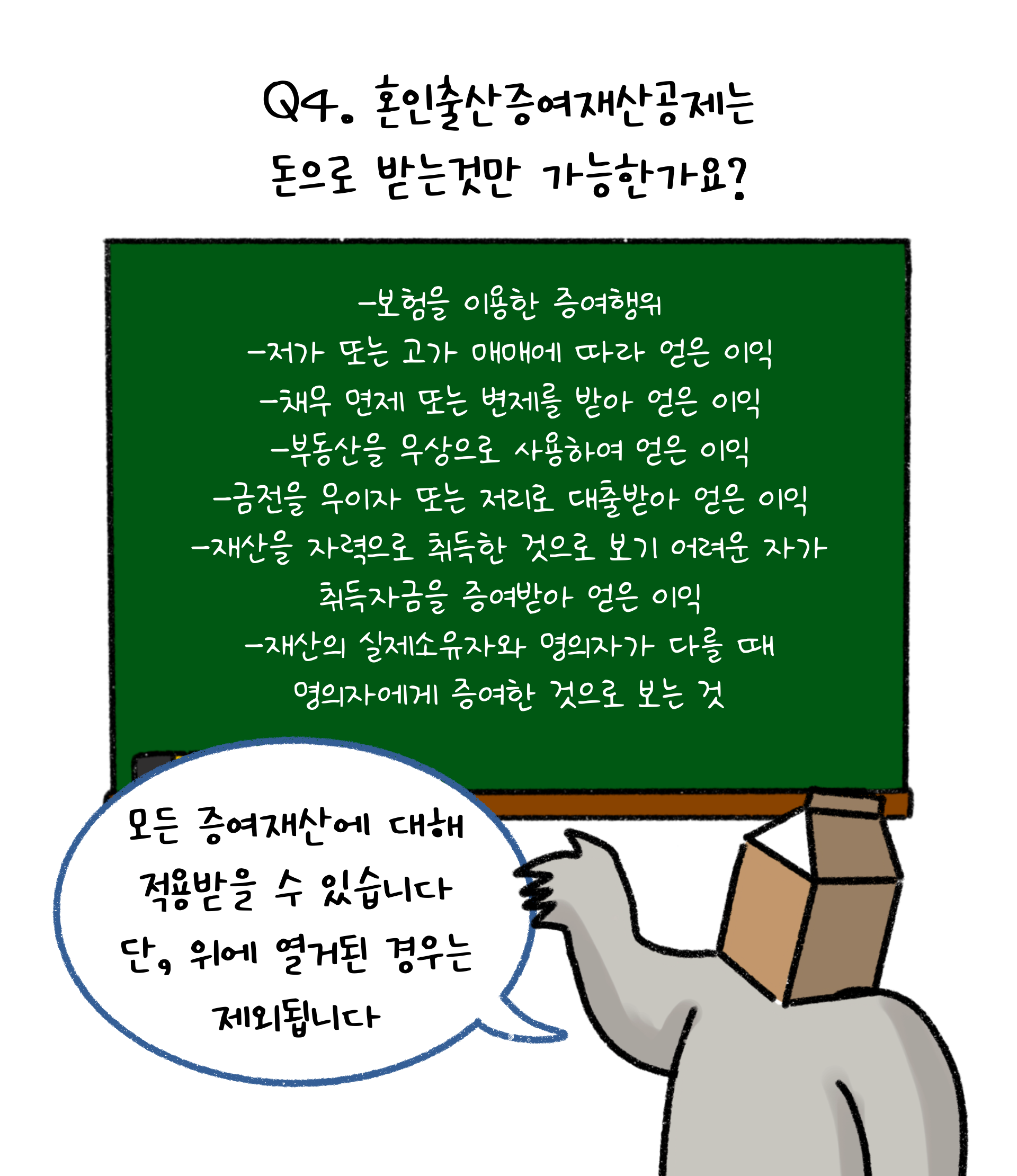 '혼인출산증여재산공제'는 모든 '증여재산'에 대해 적용받을 수 있지만 예외도 있다는 것을 설명하고 있다.