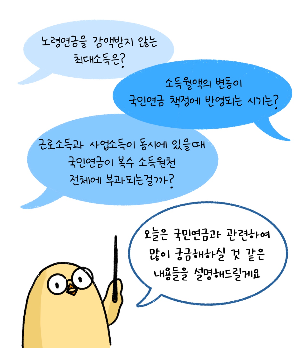 '국민연금'과 관련된 궁금증에 대해 설명하는 모습이다.