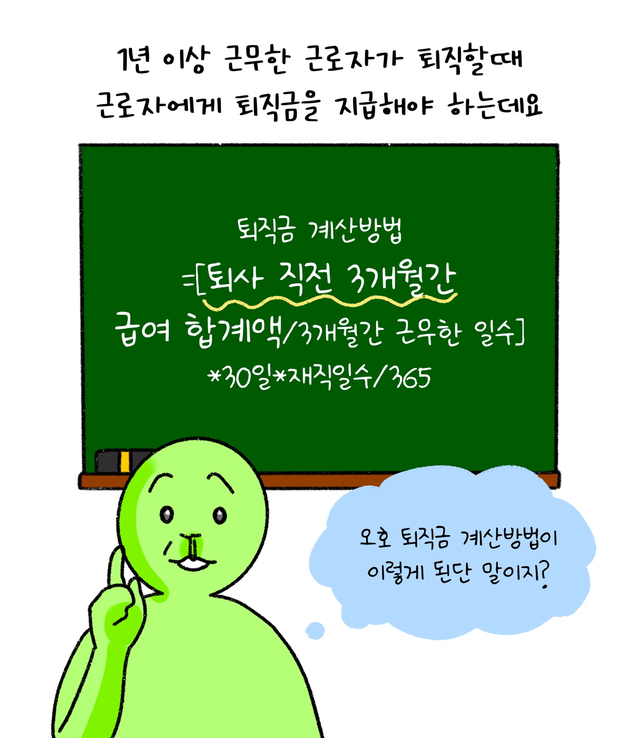 1년 이상 근무한 '근로자'가 퇴직할 경우 '퇴직금'이 지급되며 그 계산방법에 대해 설명하고 있다.