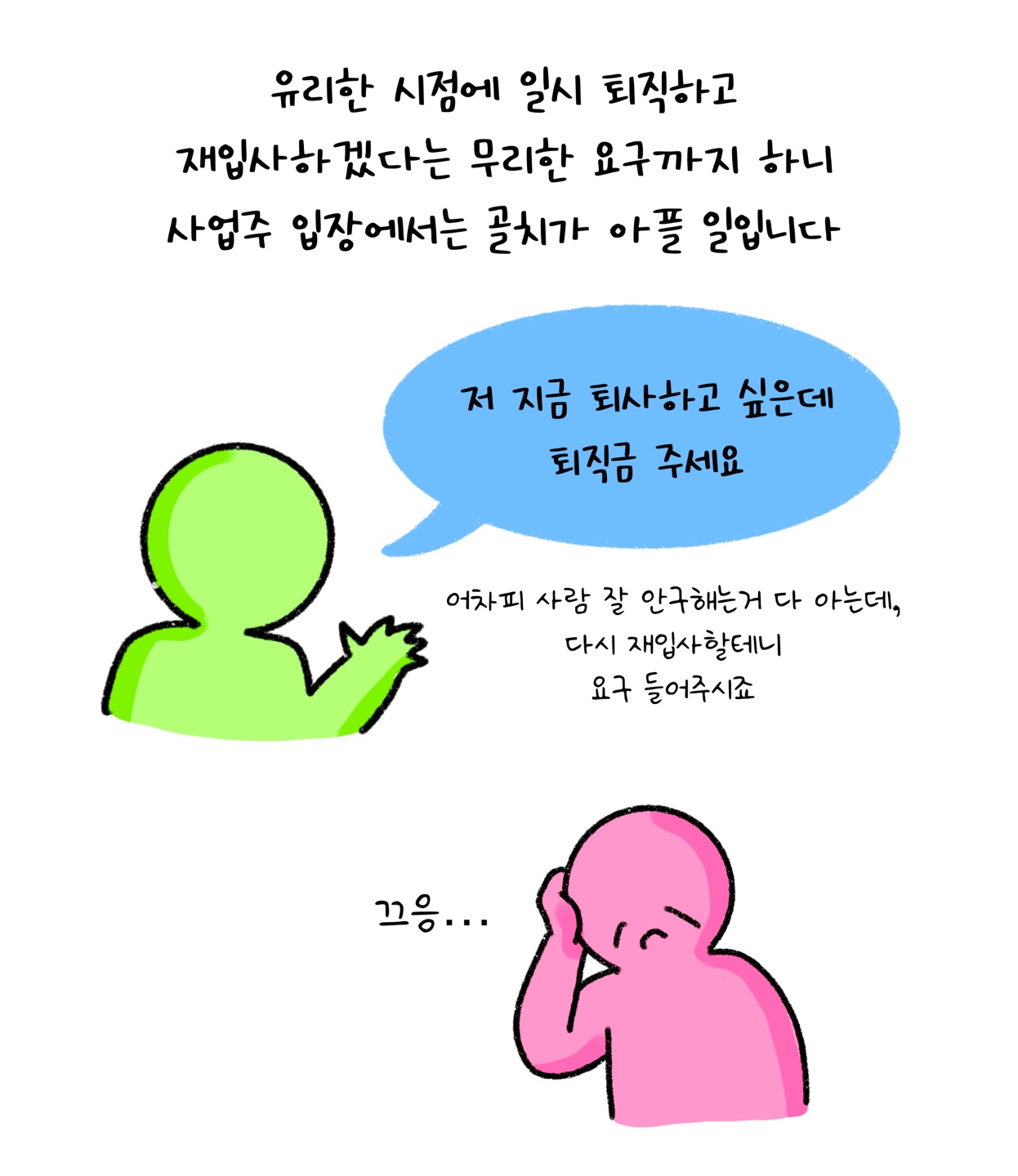 근로자가 '일시 퇴직'하고 '재입사'하는 경우에 대해 고민하는 사업주를 보여주고 있다.