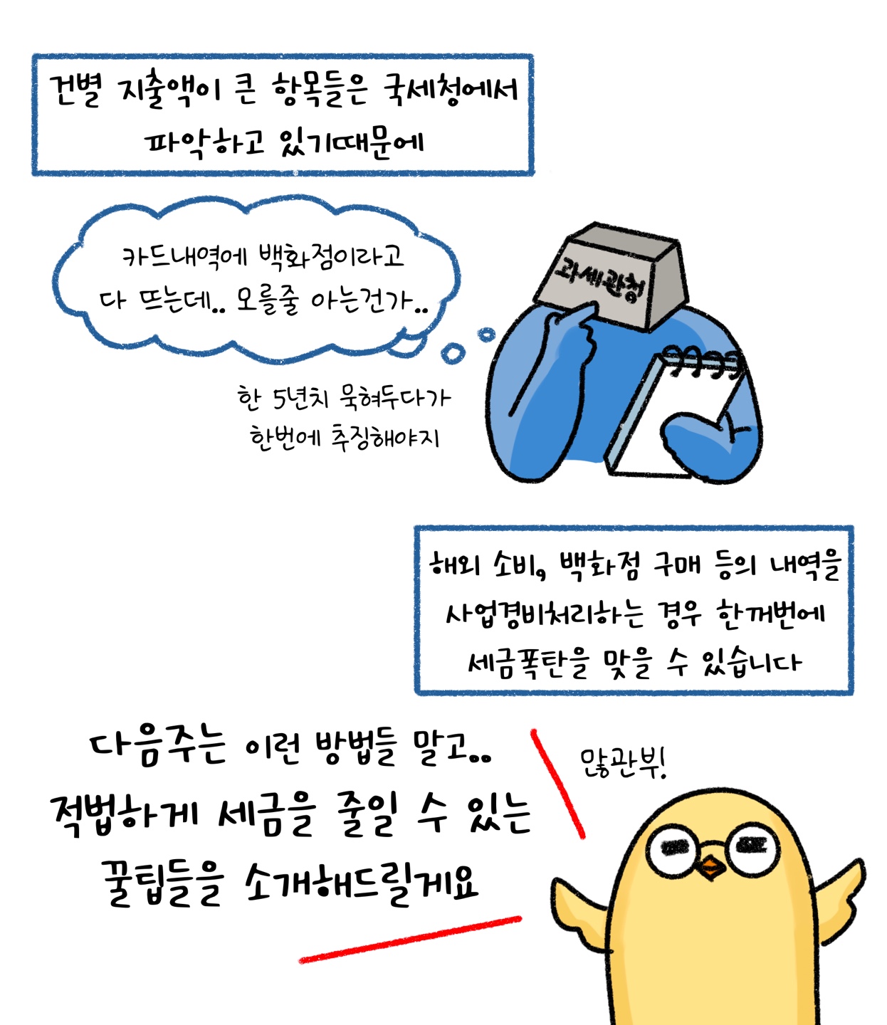 '건별 지출액'이 큰 항목들은 '국세청'에서 파악하고 있어 추후 세금폭탄을 맞을 수 있다는 점을 설명하고 있다.