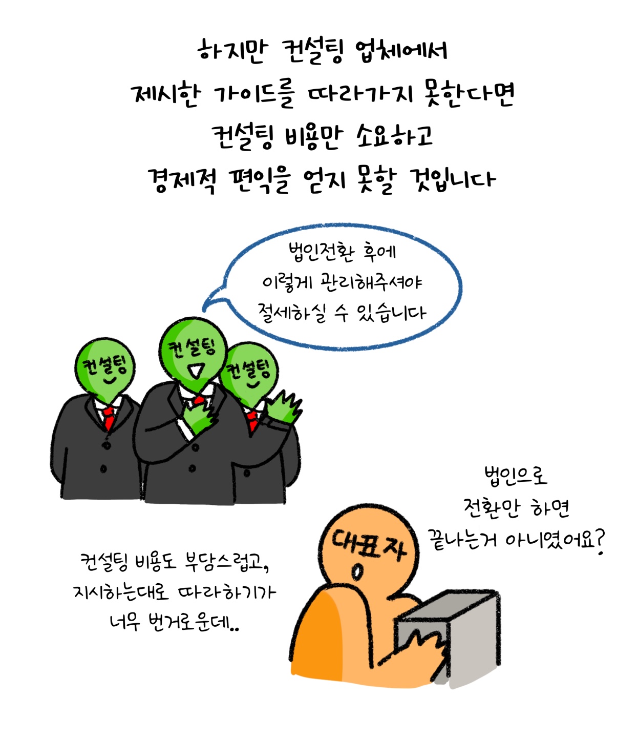 '컨설팅 업체'에서 제시한 가이드를 따라하지 못한다면 비용만 소모하고 '경제적 편익'을 얻지 못할 것이라고 설명하고 있다.