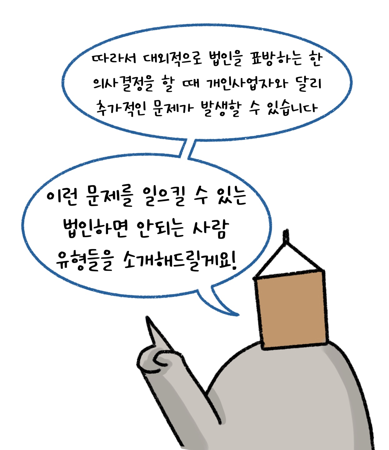 '법인'을 표방하는 한 '의사결정' 할 때 개인사업자와 달리 추가적인 문제가 발생할 수 있음을 설명하고 있다.