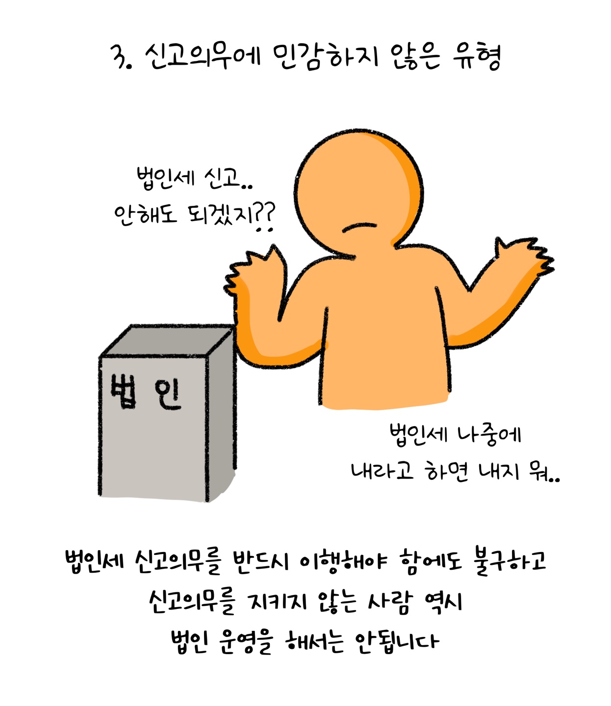 '법인세' 신고의무를 반드시 이행해야 함에도 불구하고 지키지 않는 사람은 법인 운영을 하면 안 된다고 설명하고 있다.