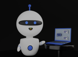 탁자 위에 노트북이 놓여있고, 그 옆에 로봇이 왼손을 들고 서있다.