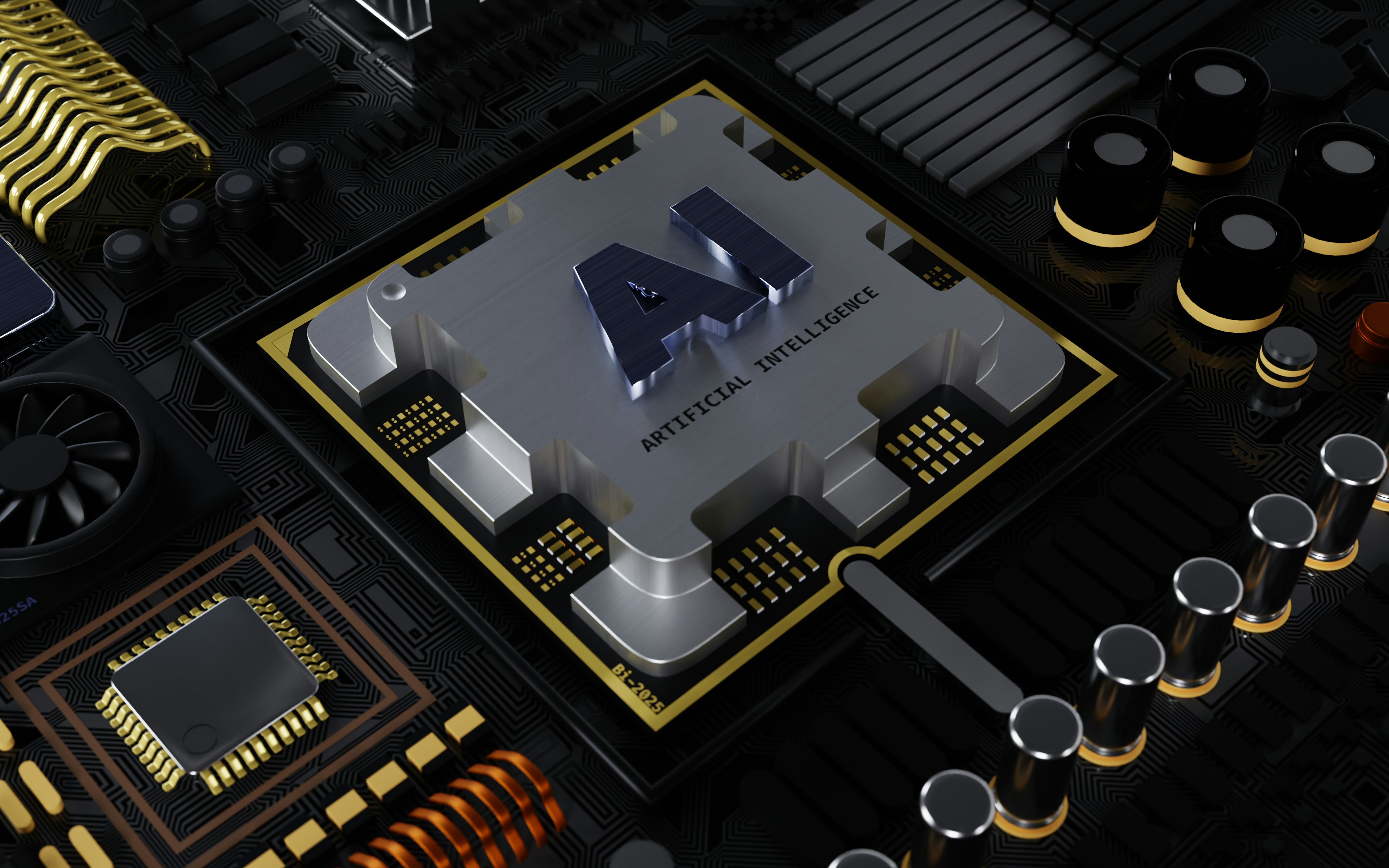 'AI'라고 적혀있는 '반도체'칩을 중심으로 여러장치 들이 보여지고 있다.