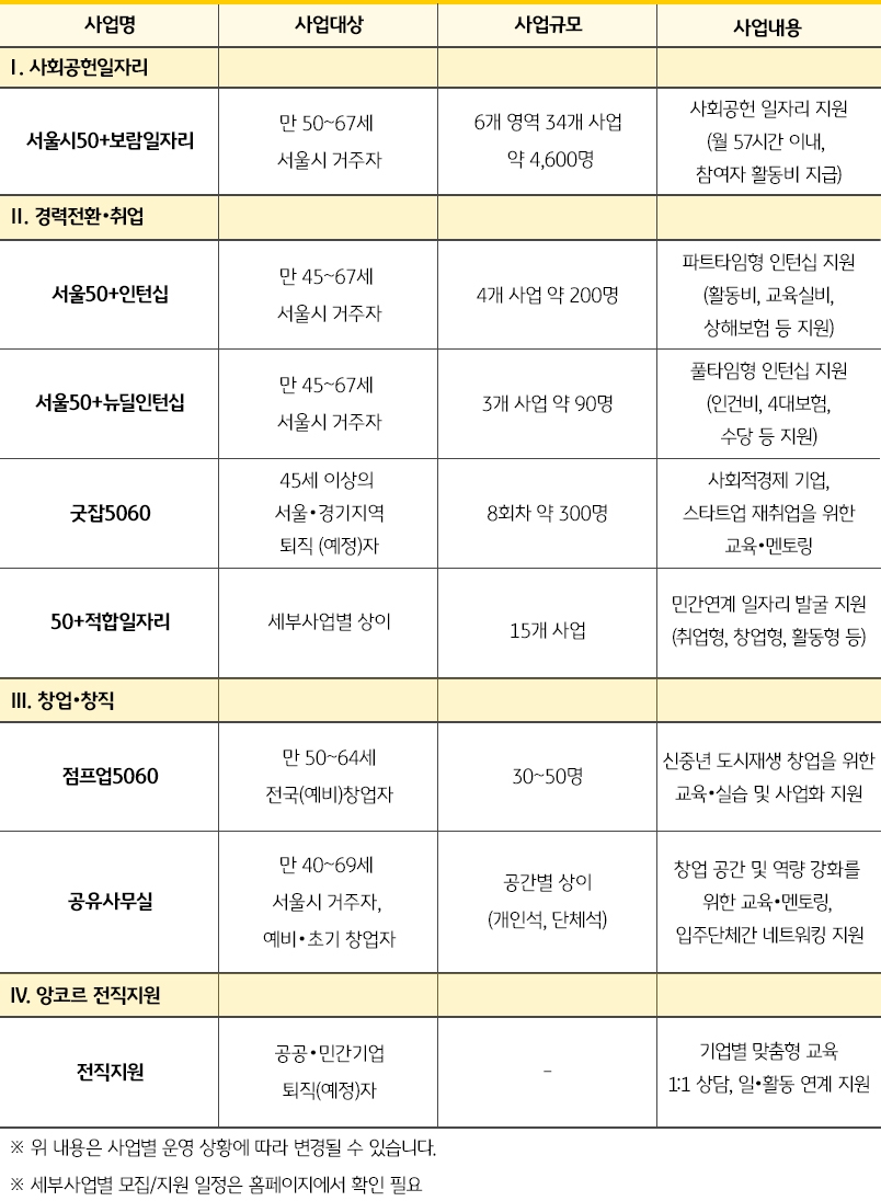 2022년 50+ '일자리 사업'을 한눈에 볼 수 있는 표,  '서울시 50플러스 보람일자리'는 사회공헌 일자리를 지원하는 사업 내용이다.