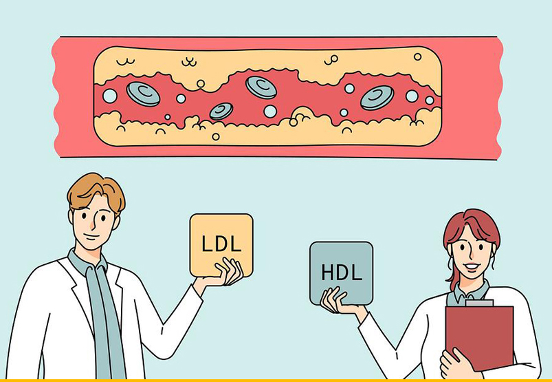 '혈관 내부'를 확대해 '콜레스테롤'이 떠다니는 그림이 보인다. 그리고 남자 의사가 'LDL' 글자가 써져있는 모형을 들고있고, 그 옆으로는 여자 의사가 'HDL' 글자가 써져있는 모형을 들고있다.