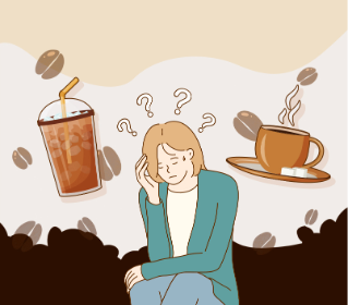 한 금발의 단발머리 여성이 하얀색 상의와 청록색 가디건과 청바지를 입고 눈을 감고 앉아서 고민을 하고있는 그림. 이 여성은 '아이스 아메리카노'를 먹을지, '뜨거운 아메리카노'를 먹을지 고민하고 있다.