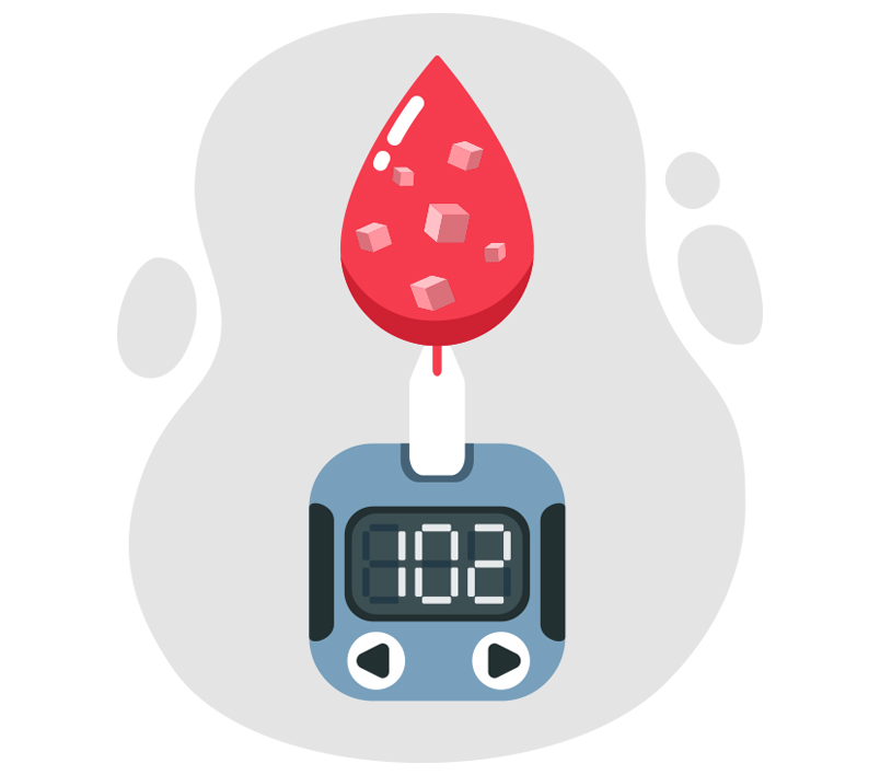 혈당 측정 기계로 혈액안의 혈당 농도를 측정하는 것을 그림으로 표현하였다. 혈액 방울 속에 각설탕 모양이 들어있고, 혈당 측정기에는 혈당 지수가 102로 표현되어있다.