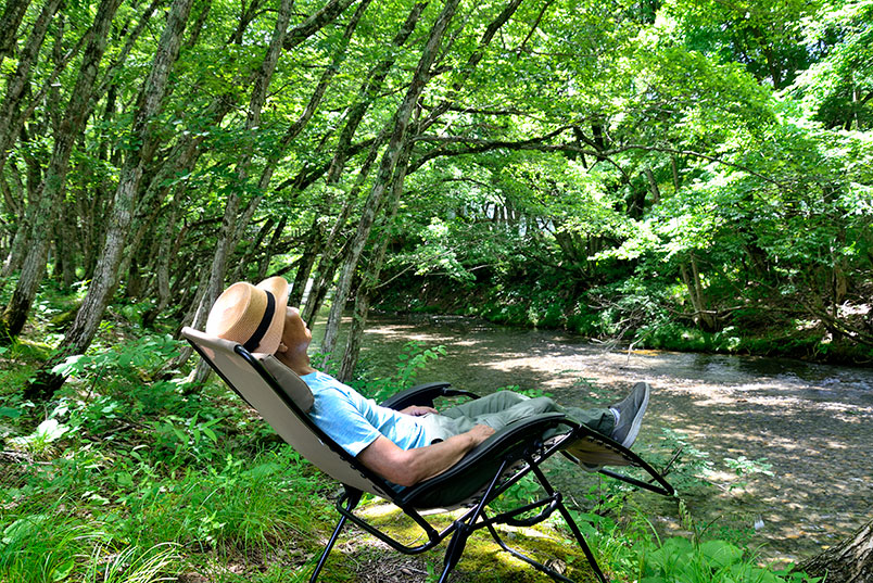푸르른 숲속에서 의자에 앉아 '휴식'을 취하고 있는 모습이다.