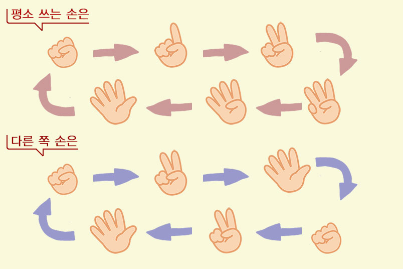 오른손과 왼손을 이용하는 '행동 제어 체조'의 예시를 보여주고 있다.