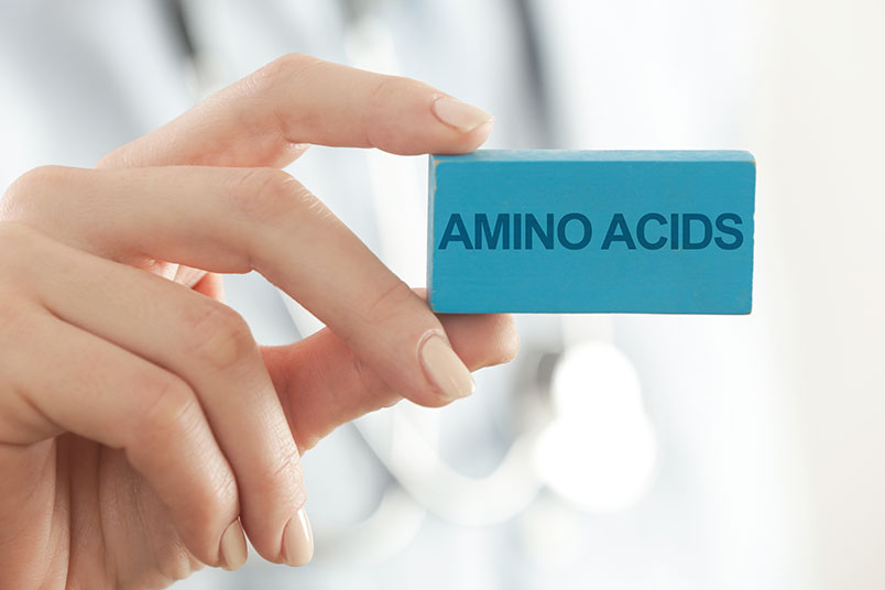 'AMINO ACIDS'라고 적혀있는 파란색 큐브를 들고 있는 모습이다.