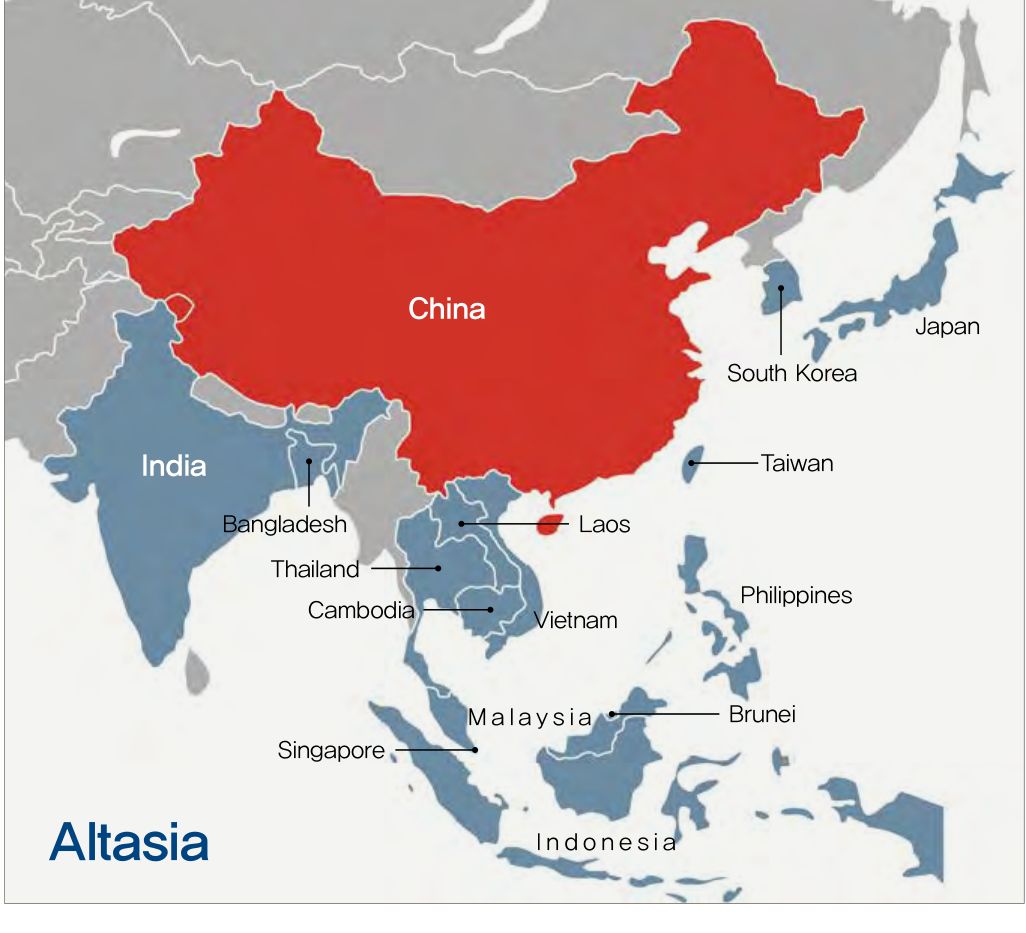 아시아의 지도가 나와있다. 중국을 빨간색으로 칠해두었고, 알타시아에 해당하는 국가들을 파란색 계통으로 칠해두었다.