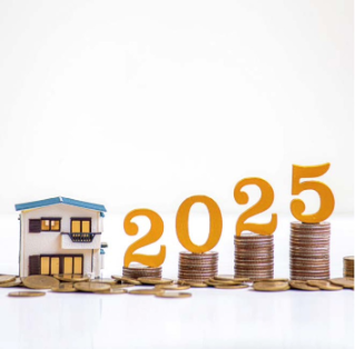 '주택' 모형과 동전을 계단 형식으로 쌓고 '2025' 숫자를 올려놓았다.