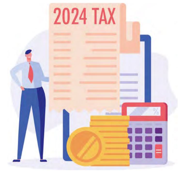 2024년 TAX가 적힌 그림이다. 계산기와 돈 그리고 사람, 2024년 세금 영수증이 있다.