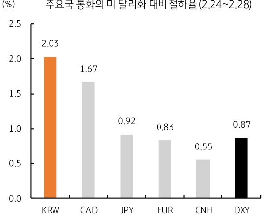 25년 2월 24일 부터 28일까지 '주요국 통화'의 미 달러화 대비 '절하율'을 그래프로 정리했다.