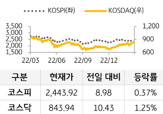 국내 증시, '코스피 지수'와 '코스닥 지수'를 나타낸 그래프, 코스피 지수의 현재가는 2,443.92이며, 전일 대비 8.98포인트 상승함.