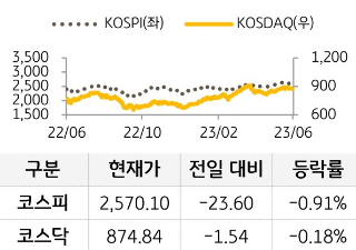 국내 증시를 코스피와 코스닥으로 구분하여 그래프로 표현하였다.