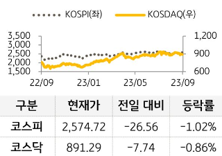 국내 증시를 코스피와 코스닥으로 구분하여 그래프로 표현하였다.