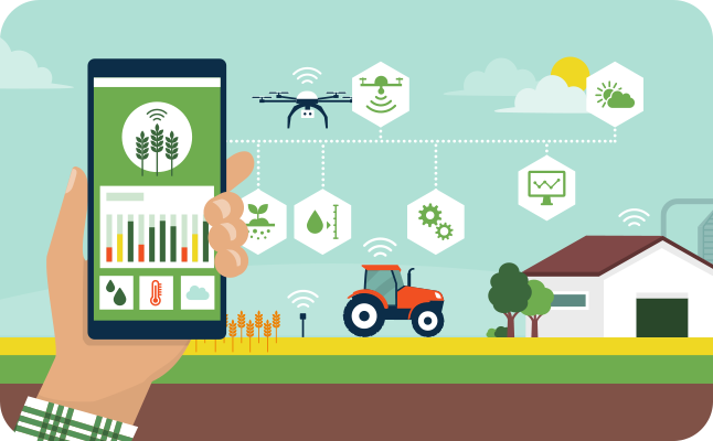 농부의 손에 있는 스마트폰으로 농작물의 관리, 온도 및 습도 조절 등 농업과 정보통신기술의 결합을 나타내는 이미지이다.