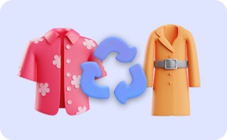 친환경에 동참하는 패션업계를 설명하는 이미지. 분홍색 꽃무늬 셔츠와 주황색 코트 이미지가 나란히 보인다. 셔츠와 코트 사이에는 보라색 재활용 표시 기호가 있다.