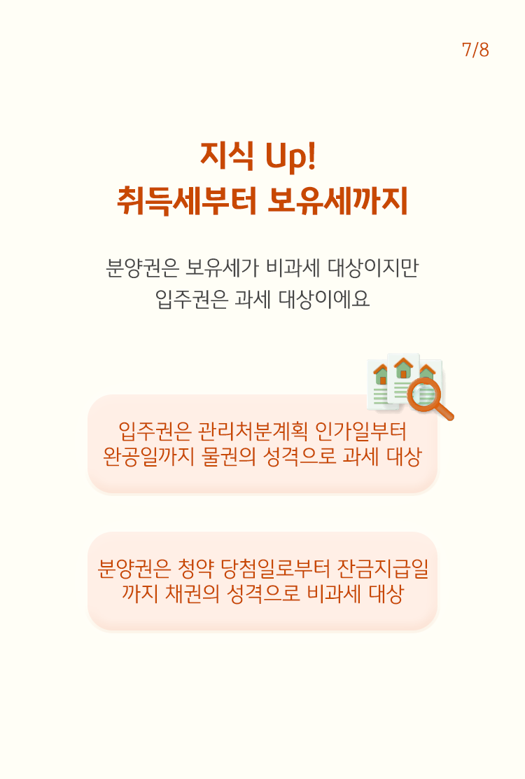 입주권은 관리처분계획 인가일부터 완공일까지, 분양권은 청약 당첨일부터 잔금지급일까지의 과세 기간 및 과세 대상을 설명하고 있다.