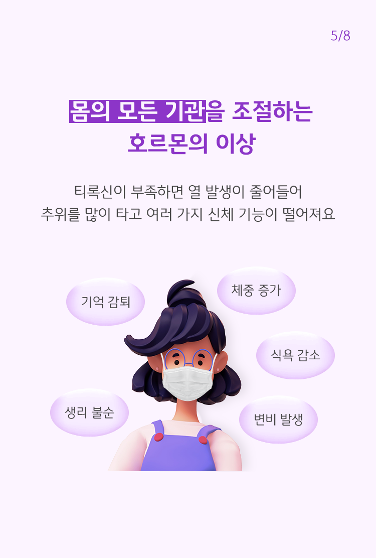 마스트를 쓰고 아파보이는 사람이미지 주변에 기억 감퇴, 체중 증가, 식욕 감소, 변비 발생, 생리 불순의 택스트를 나열하여 호르몬 이상으로 인한 신체 기능이 떨어져있음을 그려내고 있다.